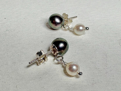 Japanese Cultured Akoya Pearl Dangle Drop Earrings Sterling Silver Black White - NewLifeJewelryVault