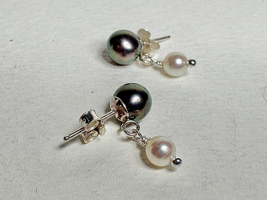 Japanese Cultured Akoya Pearl Dangle Drop Earrings Sterling Silver Black White - NewLifeJewelryVault