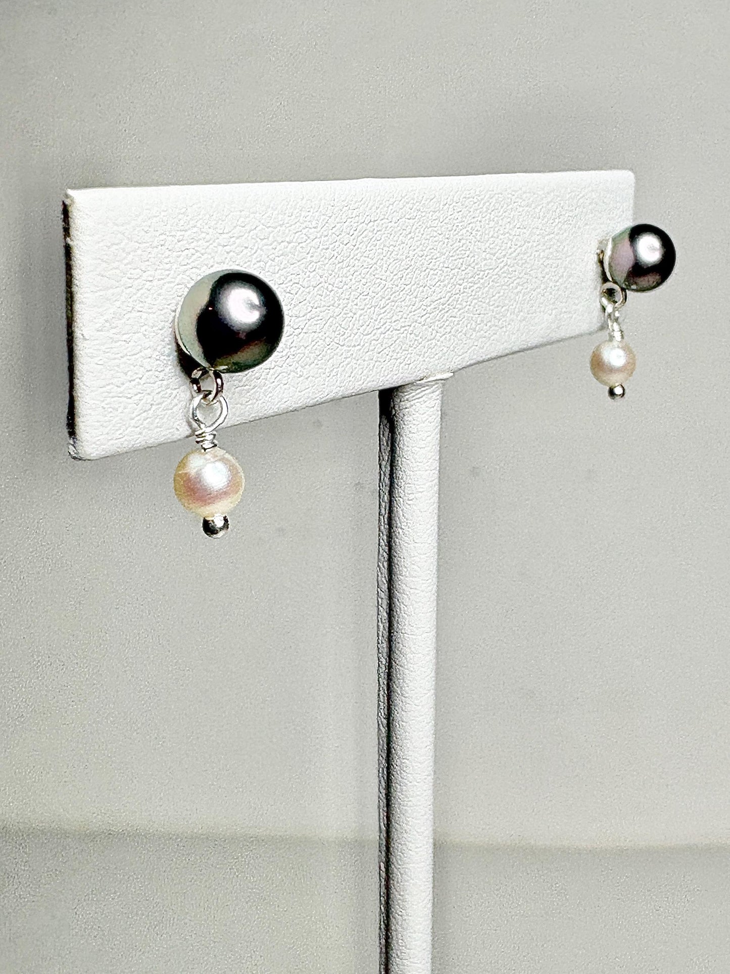 Japanese Cultured Akoya Pearl Dangle Drop Earrings Sterling Silver Black White - NewLifeJewelryVault