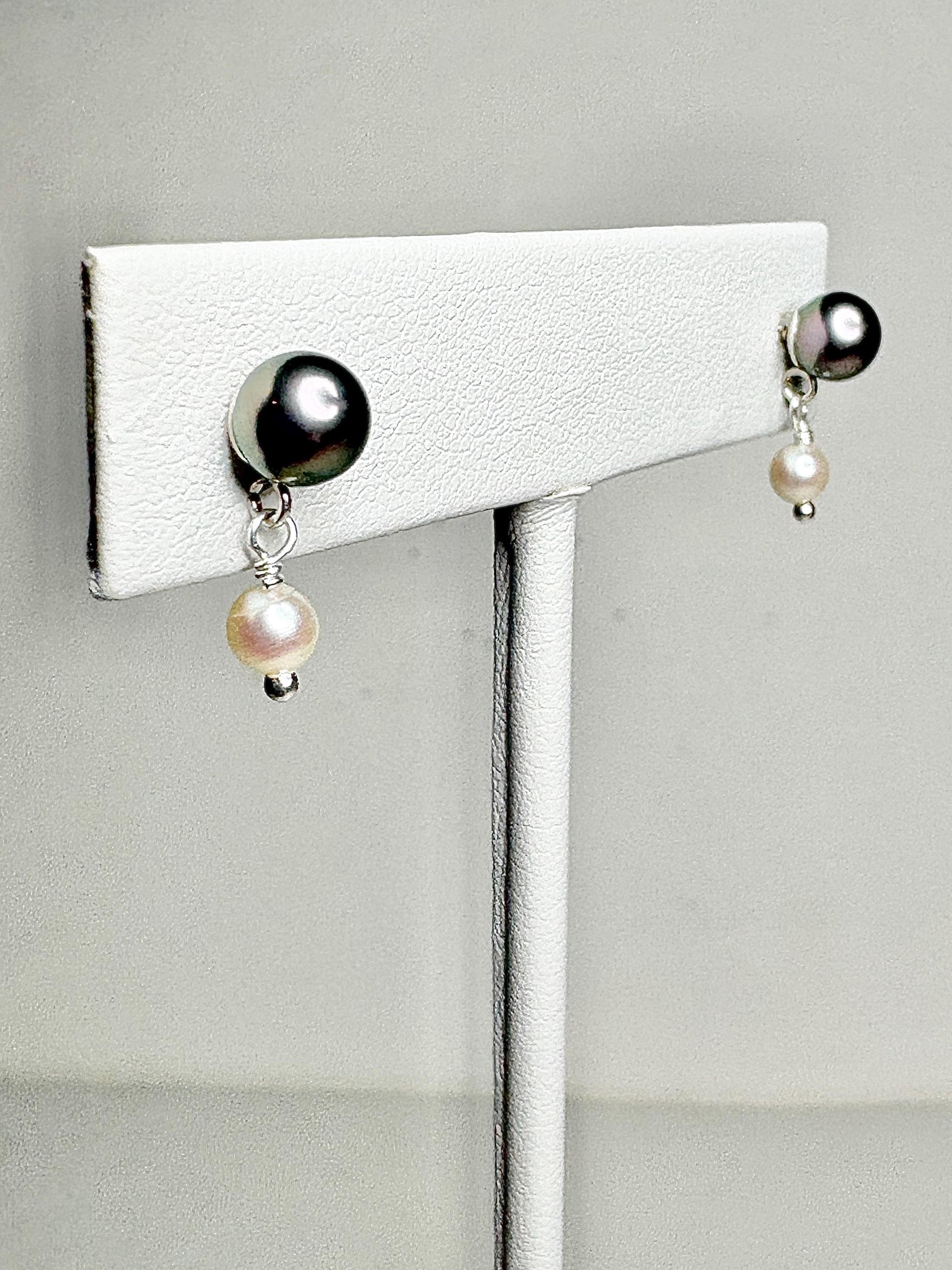 Japanese Cultured Akoya Pearl Dangle Drop Earrings Sterling Silver Black White - NewLifeJewelryVault