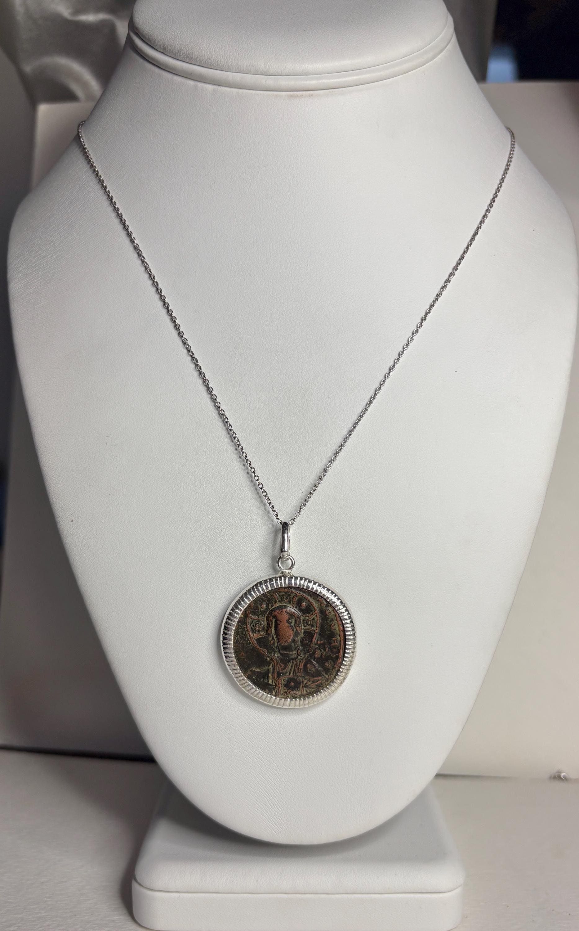 Ancient Follis Anonymous Byzantine Bronze Coin of Christ in Sterling Silver 20" - NewLifeJewelryVault