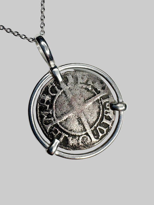 Ancient Silver Livonian Order 1541 Shilling Coin Pendant Necklace Sterling Silver 20" - NewLifeJewelryVault