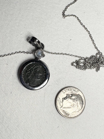 Ancient Roman Bronze Coin Constantius II and Rainbow Moonstone Pendant Necklace in Sterling silver 20" - NewLifeJewelryVault