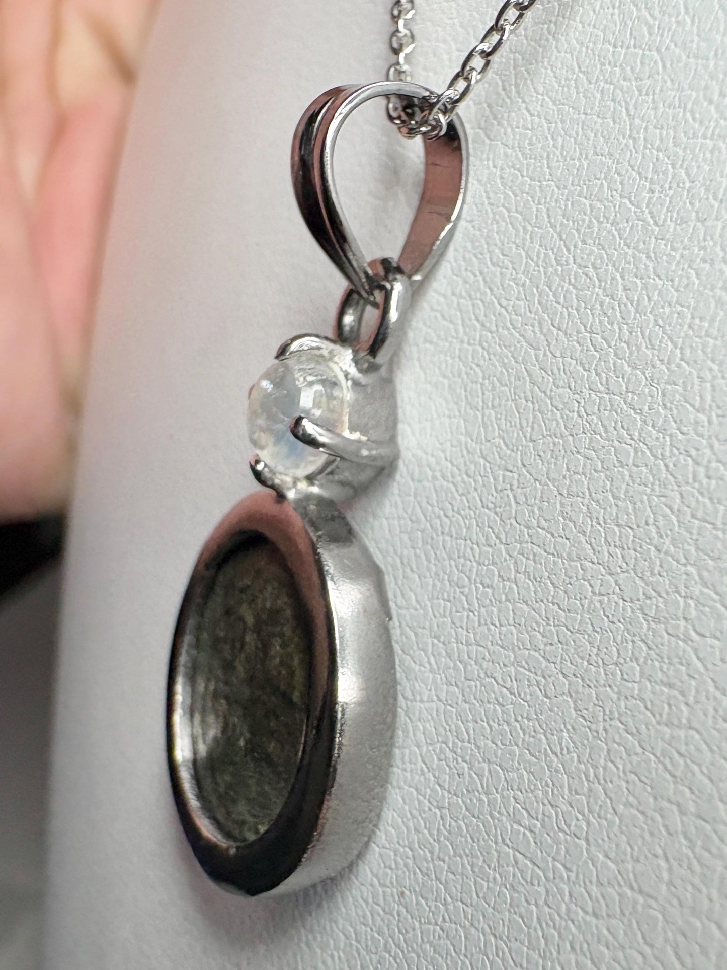 Ancient Roman Bronze Coin Constantius II and Rainbow Moonstone Pendant Necklace in Sterling silver 20" - NewLifeJewelryVault