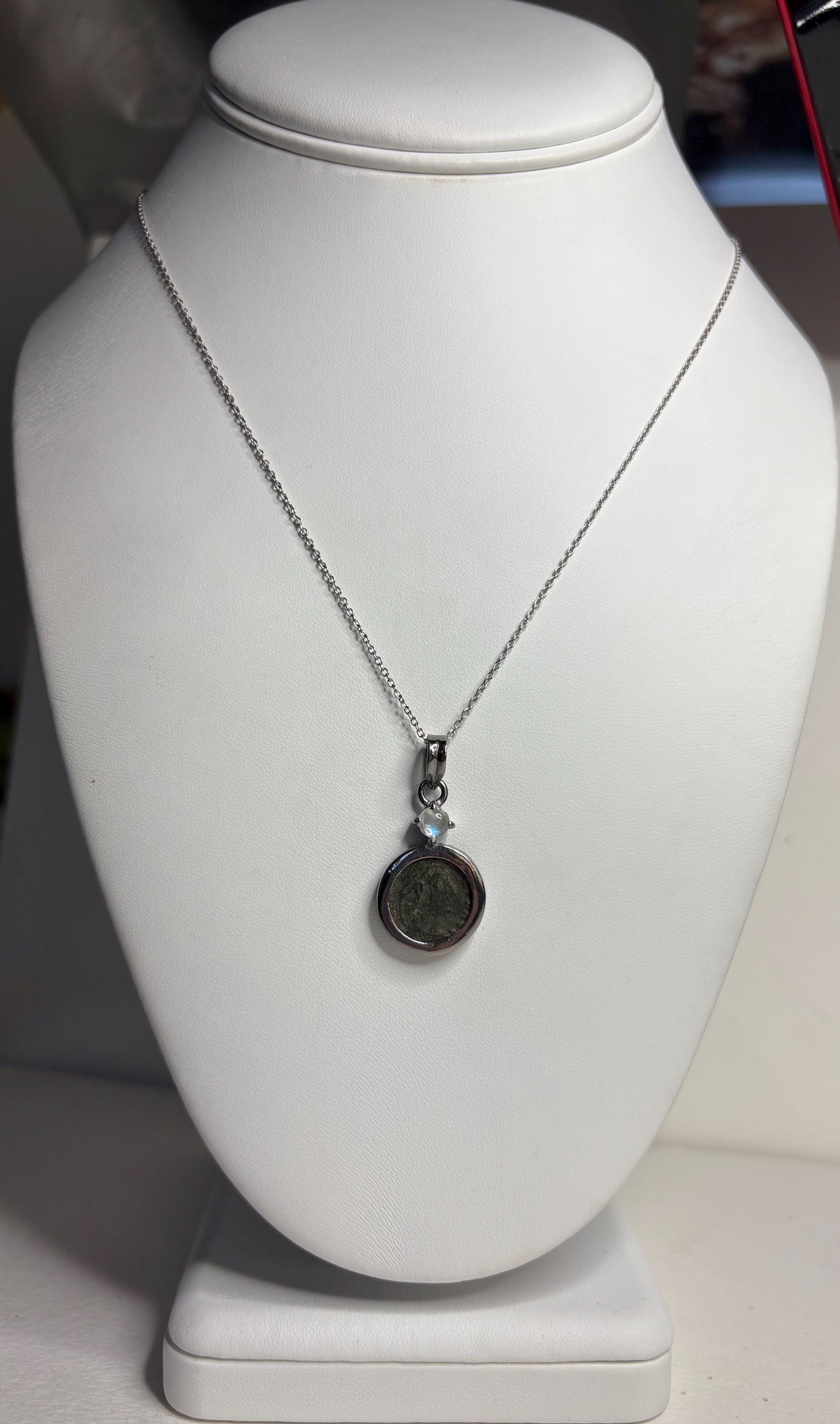Ancient Roman Bronze Coin Constantius II and Rainbow Moonstone Pendant Necklace in Sterling silver 20" - NewLifeJewelryVault
