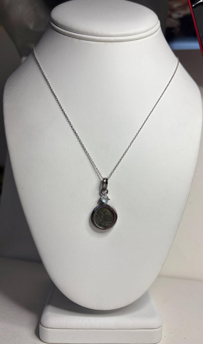 Ancient Roman Bronze Coin Constantius II and Rainbow Moonstone Pendant Necklace in Sterling silver 20" - NewLifeJewelryVault