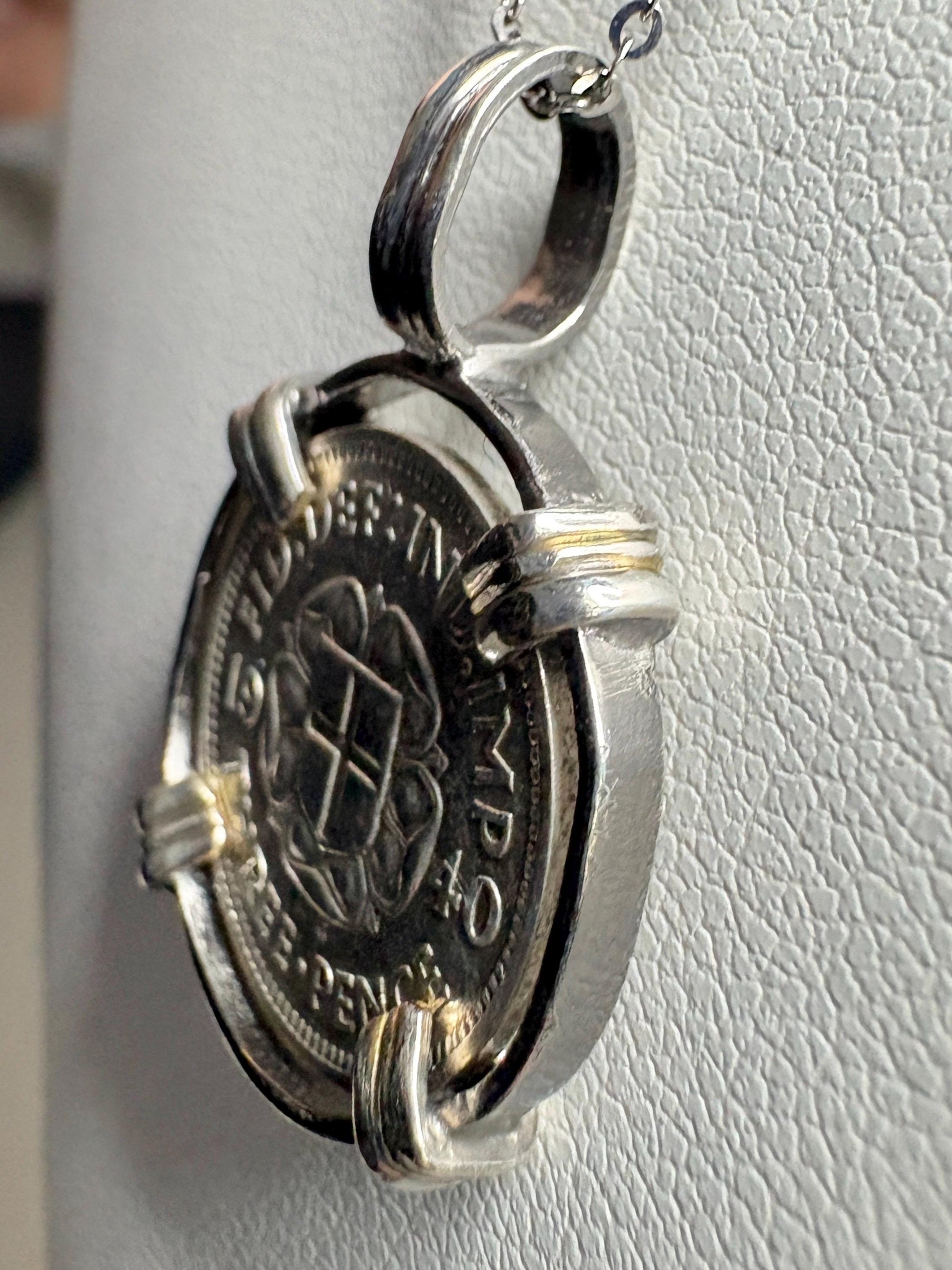British Three Pence Silver Coin 1940 Pendant Necklace in Sterling Silver 18" - NewLifeJewelryVault