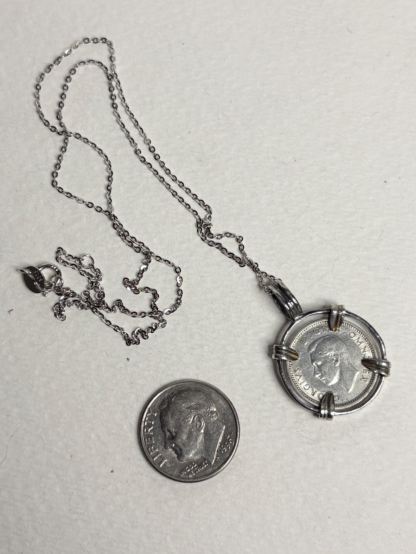 British Three Pence Silver Coin 1940 Pendant Necklace in Sterling Silver 18" - NewLifeJewelryVault