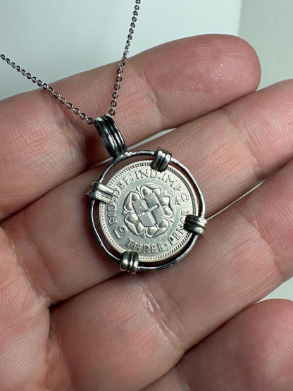 British Three Pence Silver Coin 1940 Pendant Necklace in Sterling Silver 18" - NewLifeJewelryVault