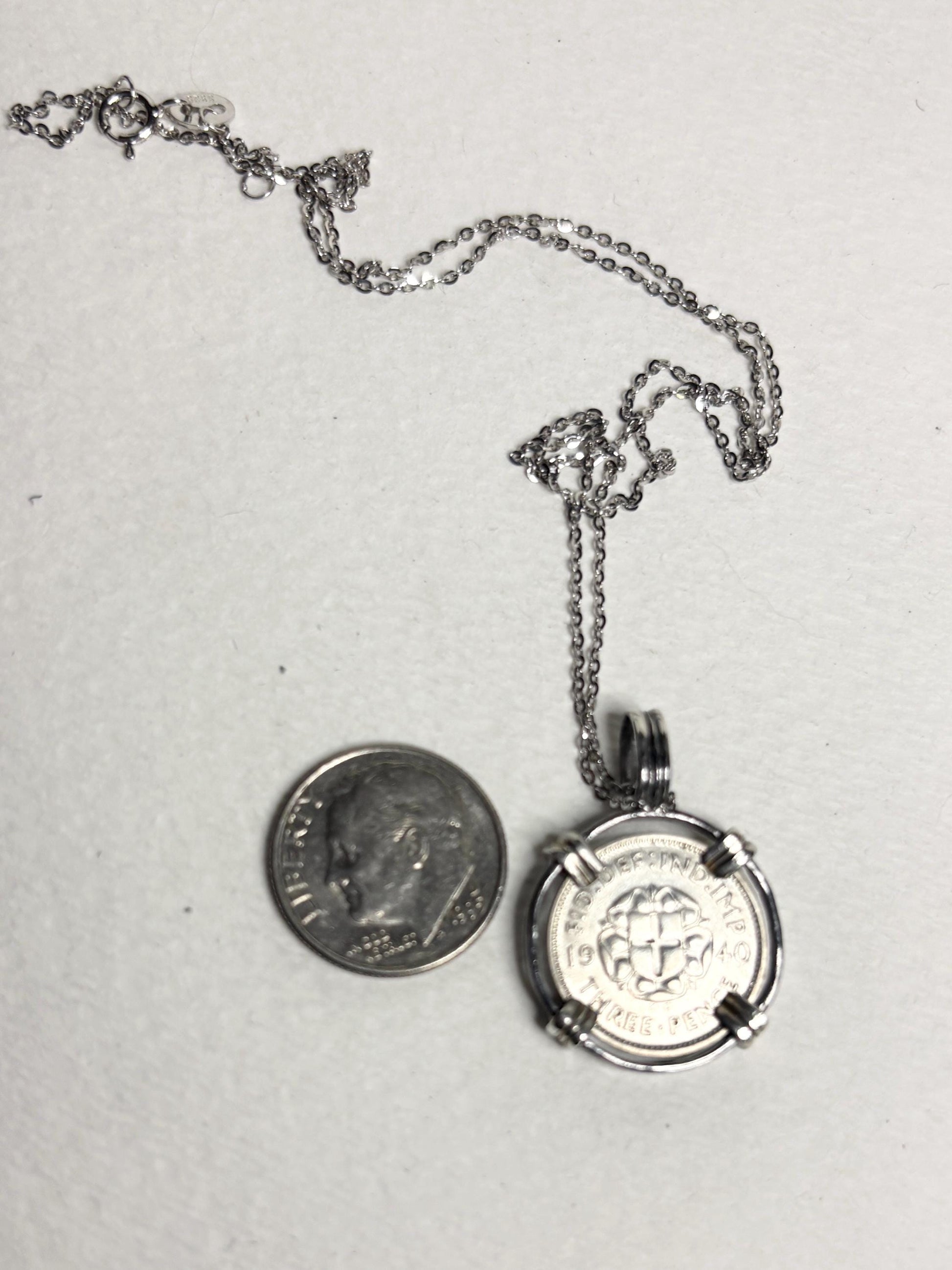 British Three Pence Silver Coin 1940 Pendant Necklace in Sterling Silver 18" - NewLifeJewelryVault