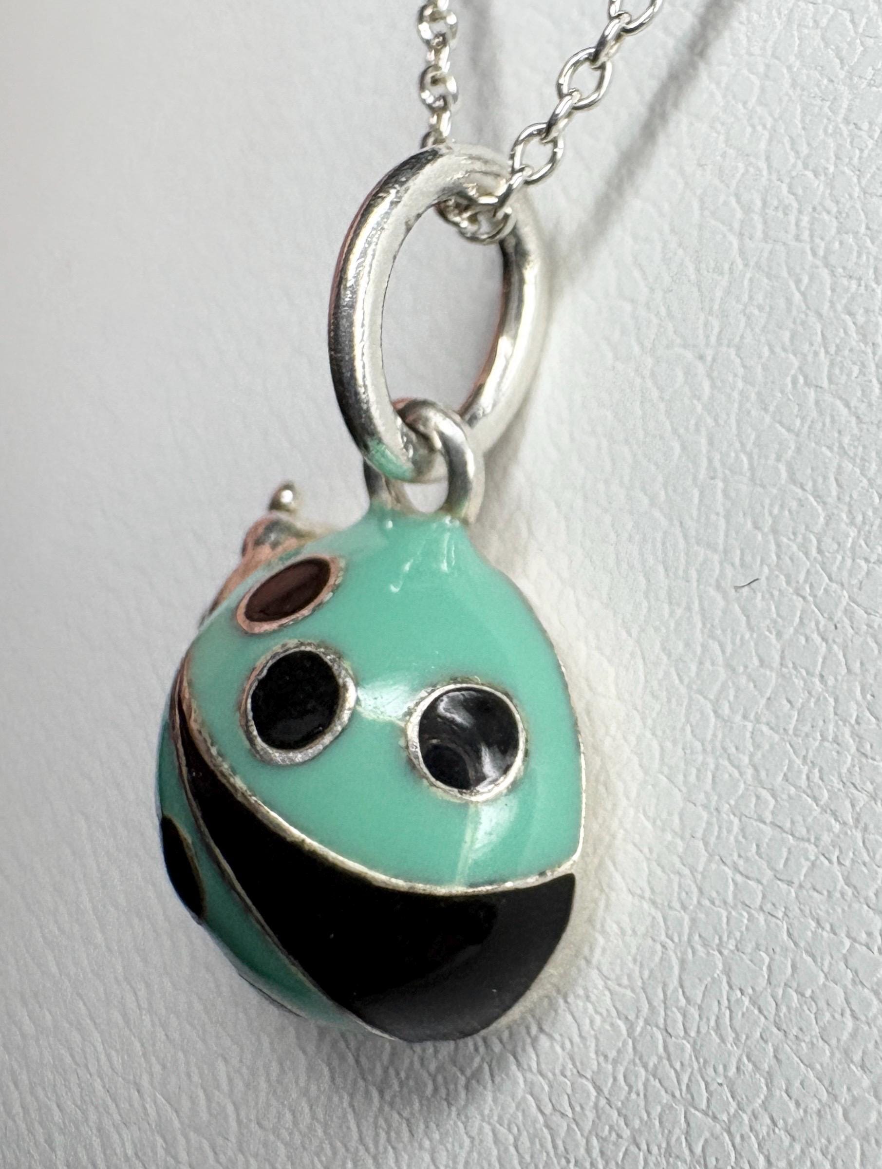 Tiffany & Co Blue Enameled Ladybug Charm Pendant Necklace Sterling Silver 19" with Box - NewLifeJewelryVault