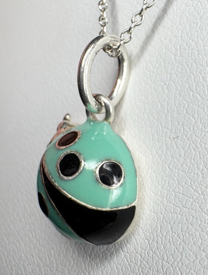 Tiffany & Co Blue Enameled Ladybug Charm Pendant Necklace Sterling Silver 19" with Box - NewLifeJewelryVault