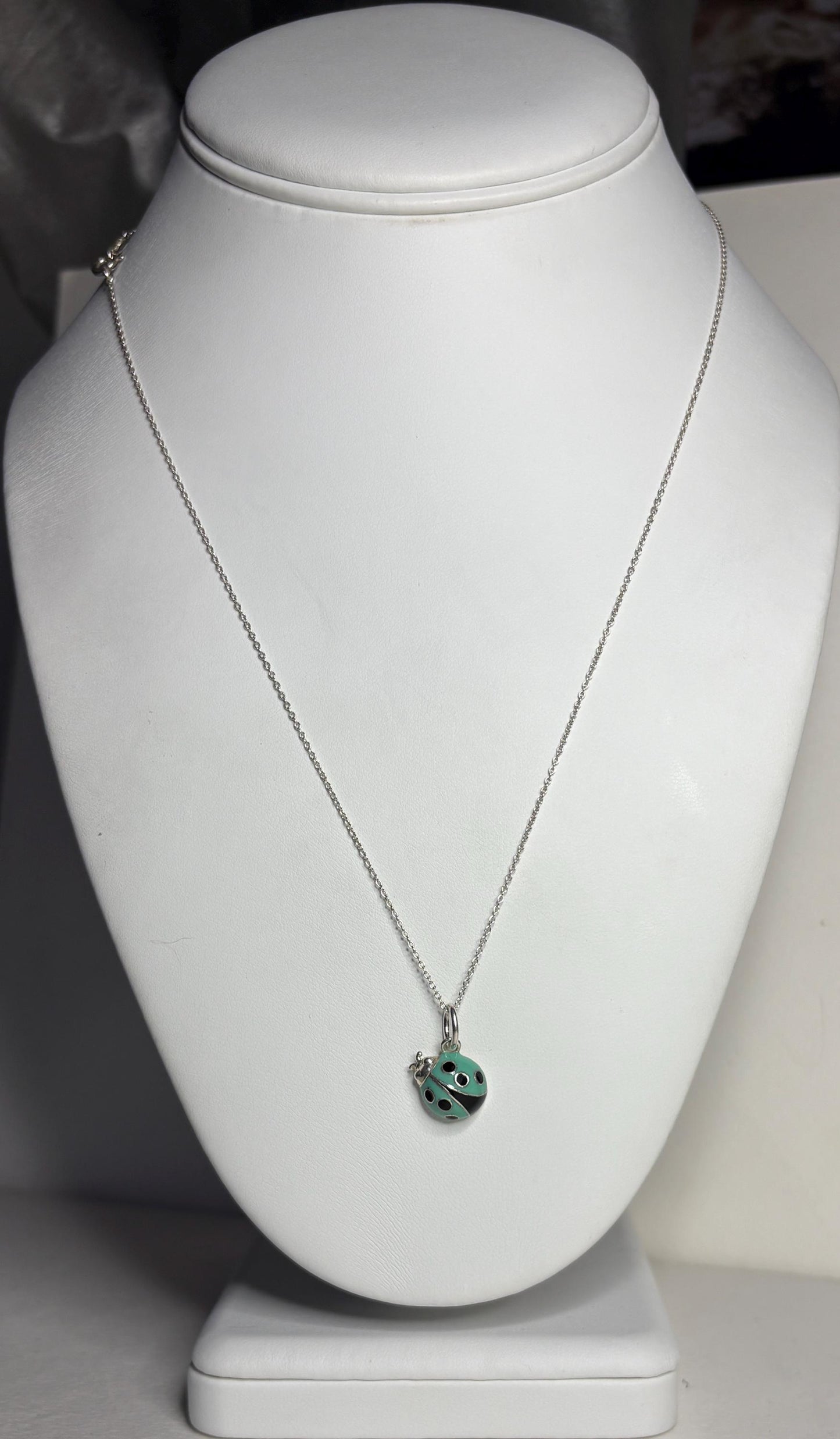 Tiffany & Co Blue Enameled Ladybug Charm Pendant Necklace Sterling Silver 19" with Box - NewLifeJewelryVault