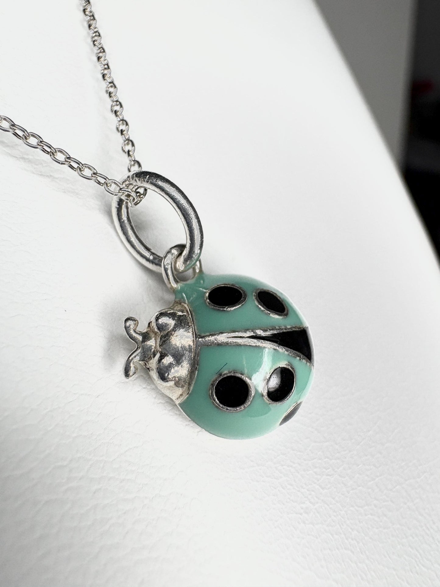 Tiffany & Co Blue Enameled Ladybug Charm Pendant Necklace Sterling Silver 19" with Box - NewLifeJewelryVault