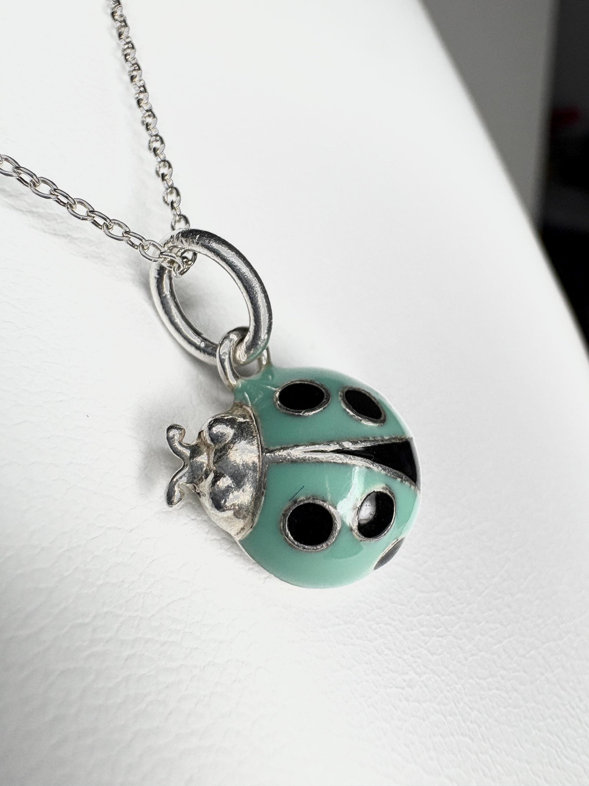 Tiffany & Co Blue Enameled Ladybug Charm Pendant Necklace Sterling Silver 19" with Box - NewLifeJewelryVault