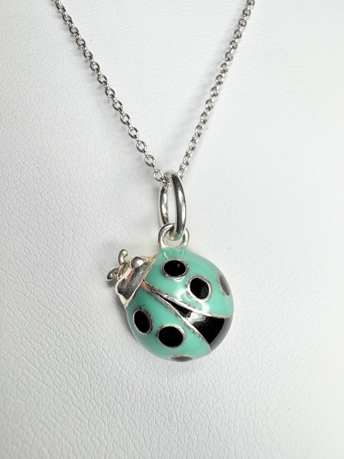 Tiffany & Co Blue Enameled Ladybug Charm Pendant Necklace Sterling Silver 19" with Box - NewLifeJewelryVault
