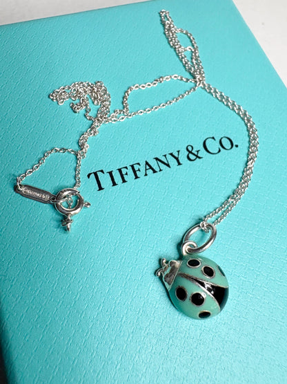 Tiffany & Co Blue Enameled Ladybug Charm Pendant Necklace Sterling Silver 19" with Box - NewLifeJewelryVault