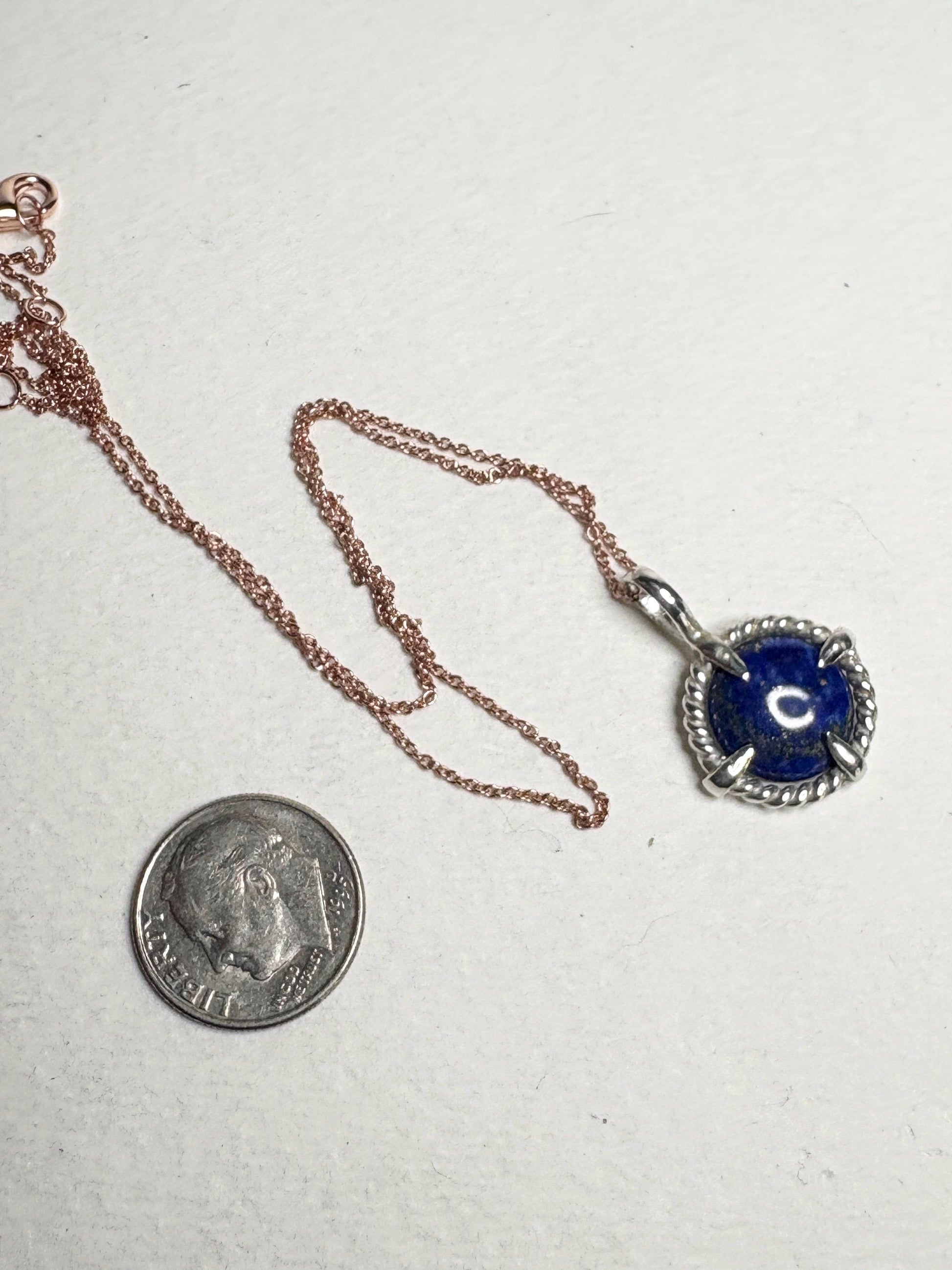Lapis Lazuli Rope Bezel Pendant Necklace in Sterling Silver with Rose Adjustable Chain 16-18" - NewLifeJewelryVault