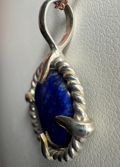 Lapis Lazuli Rope Bezel Pendant Necklace in Sterling Silver with Rose Adjustable Chain 16-18" - NewLifeJewelryVault