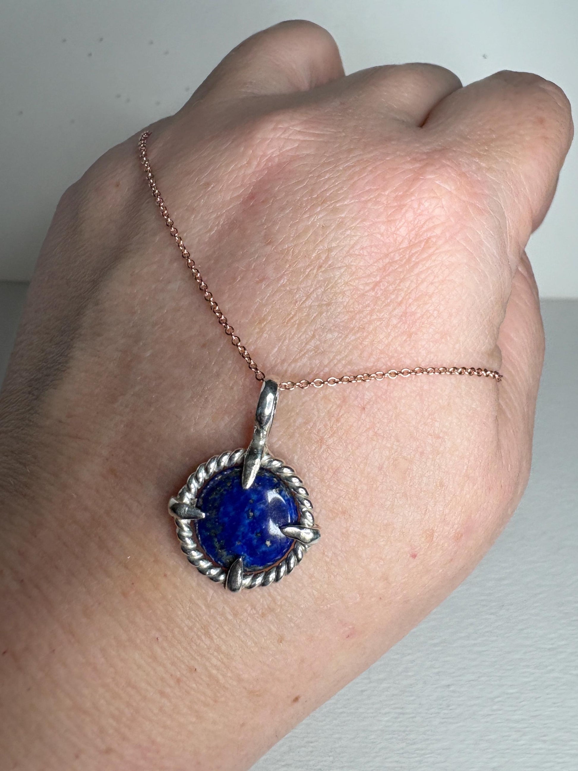 Lapis Lazuli Rope Bezel Pendant Necklace in Sterling Silver with Rose Adjustable Chain 16-18" - NewLifeJewelryVault