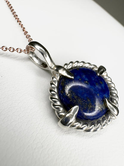 Lapis Lazuli Rope Bezel Pendant Necklace in Sterling Silver with Rose Adjustable Chain 16-18" - NewLifeJewelryVault