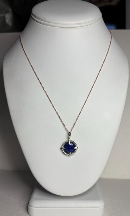 Lapis Lazuli Rope Bezel Pendant Necklace in Sterling Silver with Rose Adjustable Chain 16-18" - NewLifeJewelryVault