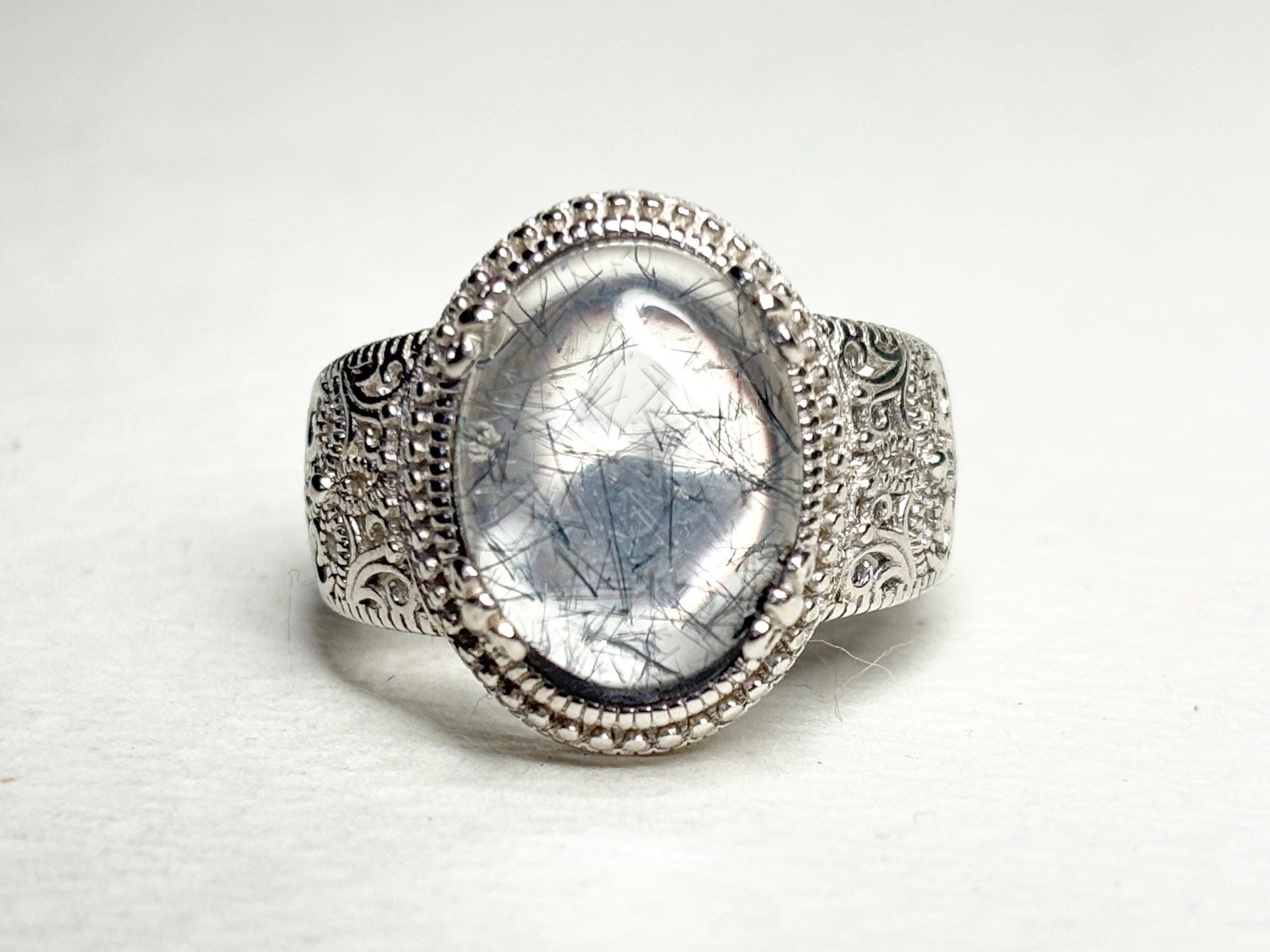 Tourmalated Quartz Cabochon Ring Sterling Silver size 7 - NewLifeJewelryVault