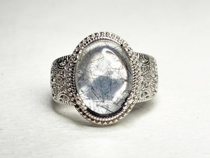 Tourmalated Quartz Cabochon Ring Sterling Silver size 7 - NewLifeJewelryVault