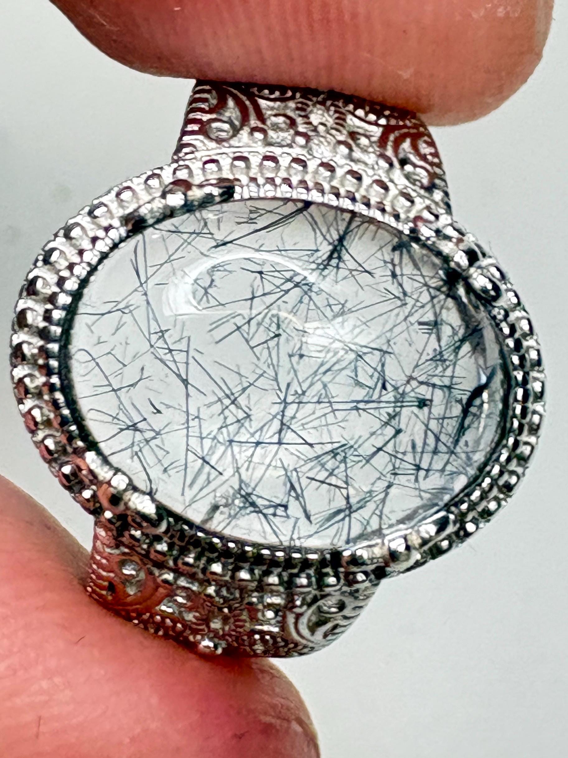Tourmalated Quartz Cabochon Ring Sterling Silver size 7 - NewLifeJewelryVault