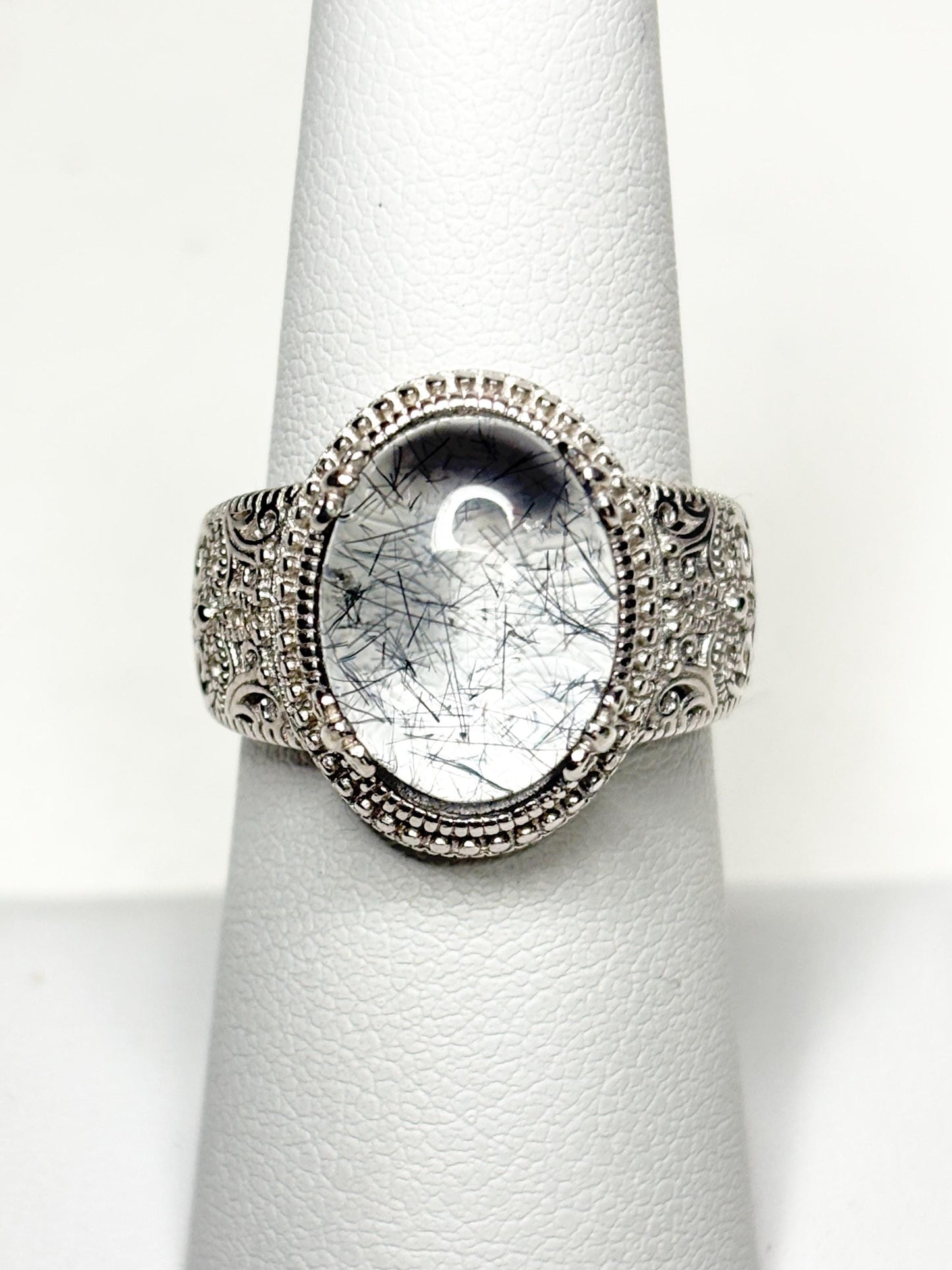 Tourmalated Quartz Cabochon Ring Sterling Silver size 7 - NewLifeJewelryVault