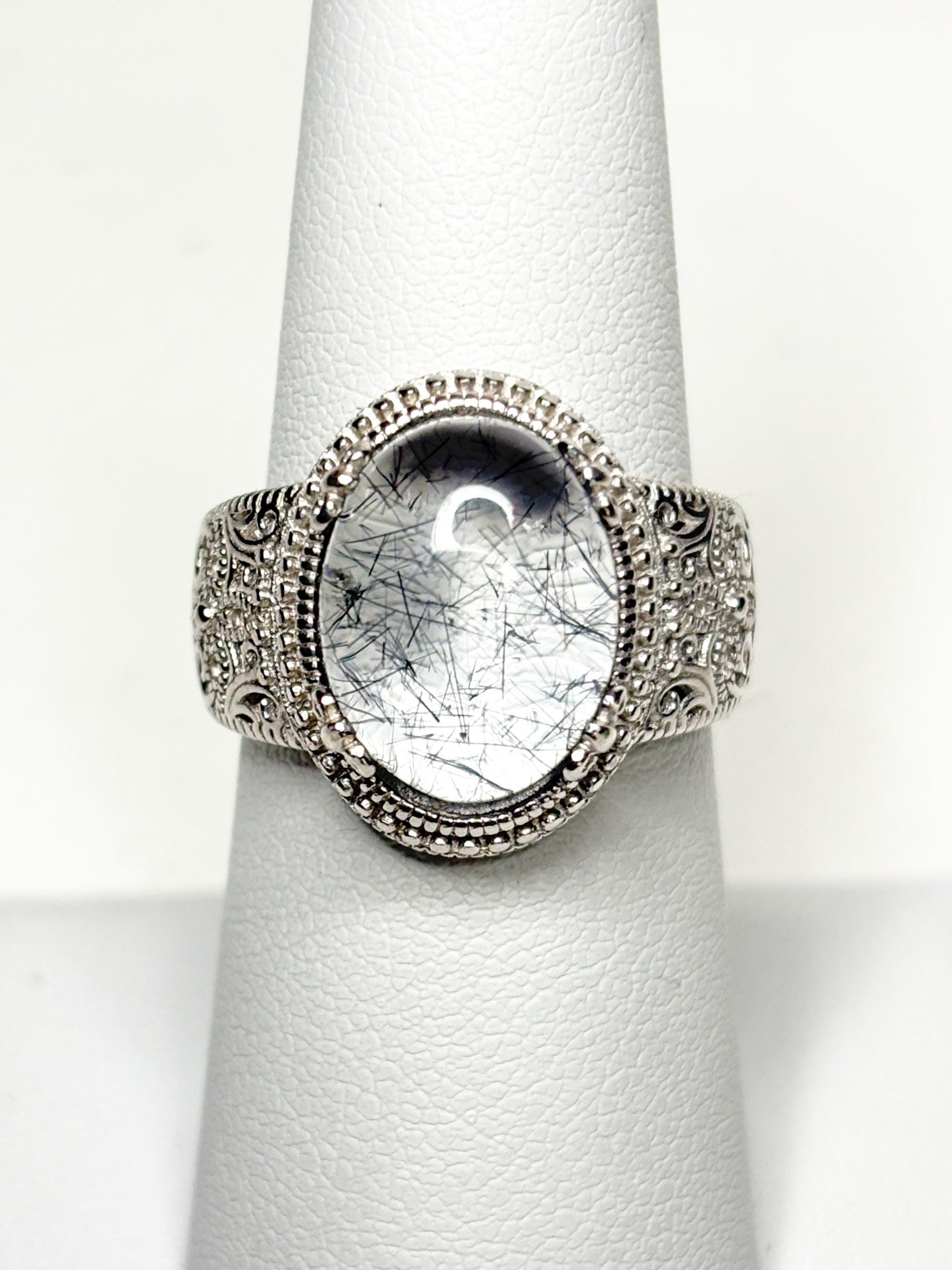 Tourmalated Quartz Cabochon Ring Sterling Silver size 7 - NewLifeJewelryVault