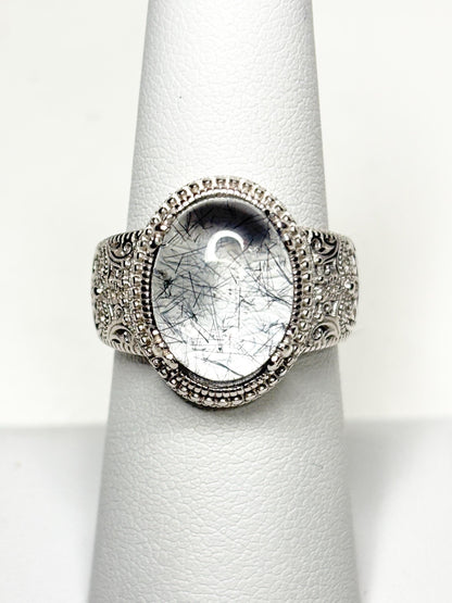 Tourmalated Quartz Cabochon Ring Sterling Silver size 7 - NewLifeJewelryVault