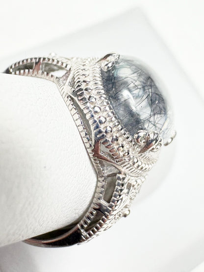 Tourmalated Quartz Cabochon Ring Sterling Silver size 7 - NewLifeJewelryVault
