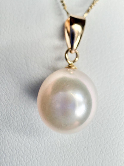 Hanadama Japanese Cultured Akoya Pearl 8.6mm Pendant Necklace Solid 14k Gold Figero 18" - NewLifeJewelryVault