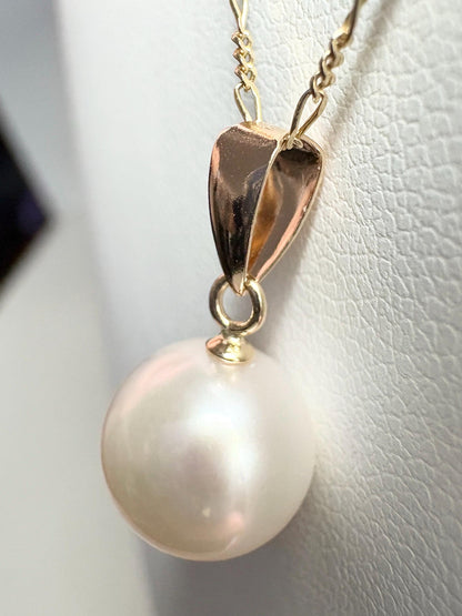 Hanadama Japanese Cultured Akoya Pearl 8.6mm Pendant Necklace Solid 14k Gold Figero 18" - NewLifeJewelryVault