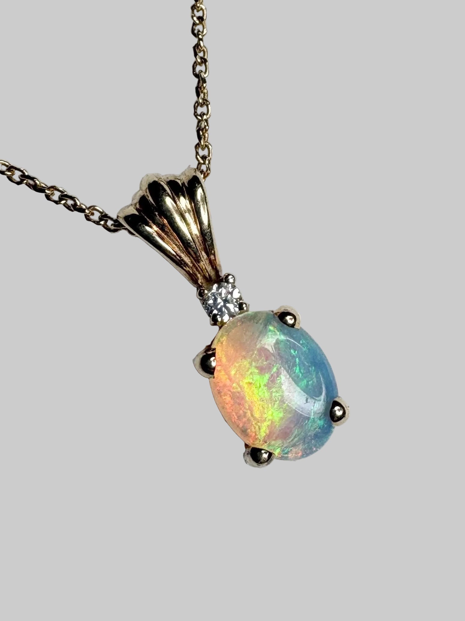Crystal Opal and Diamond Pendant Necklace Solid 14k Gold 18" - NewLifeJewelryVault