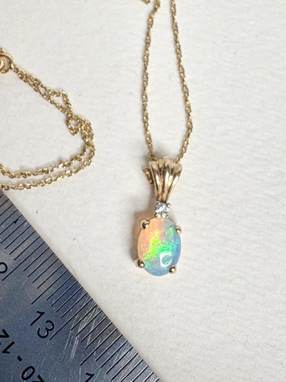Crystal Opal and Diamond Pendant Necklace Solid 14k Gold 18" - NewLifeJewelryVault