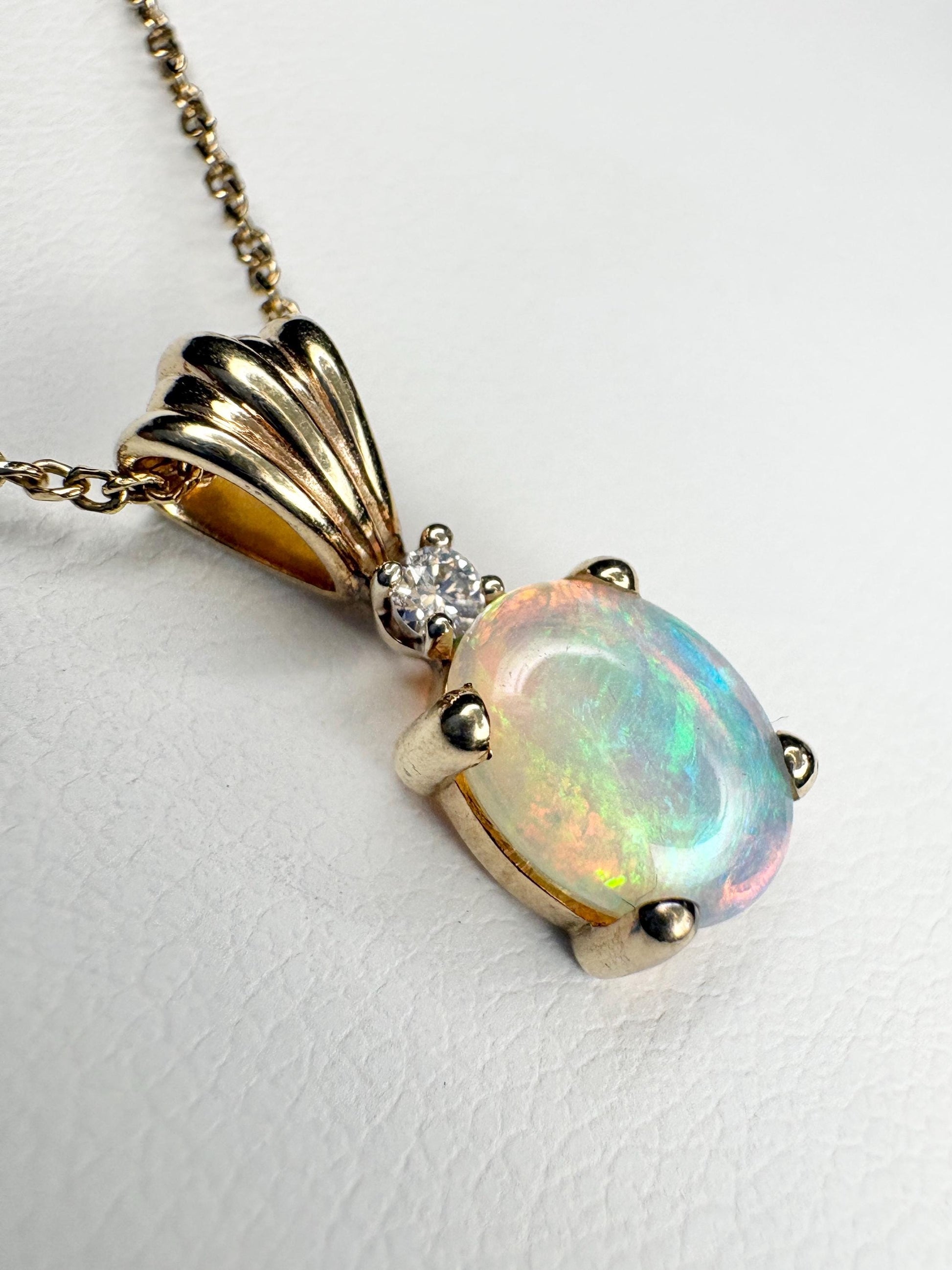 Crystal Opal and Diamond Pendant Necklace Solid 14k Gold 18" - NewLifeJewelryVault