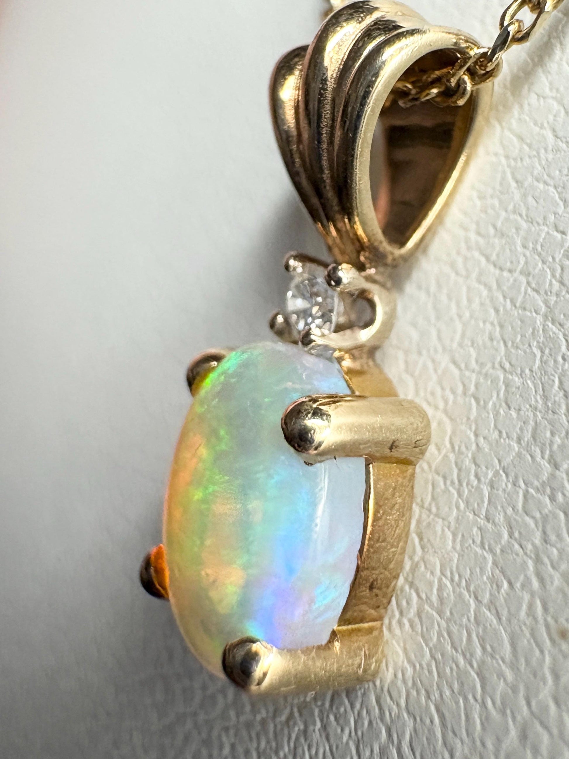 Crystal Opal and Diamond Pendant Necklace Solid 14k Gold 18" - NewLifeJewelryVault