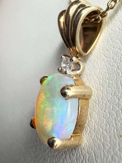 Crystal Opal and Diamond Pendant Necklace Solid 14k Gold 18" - NewLifeJewelryVault