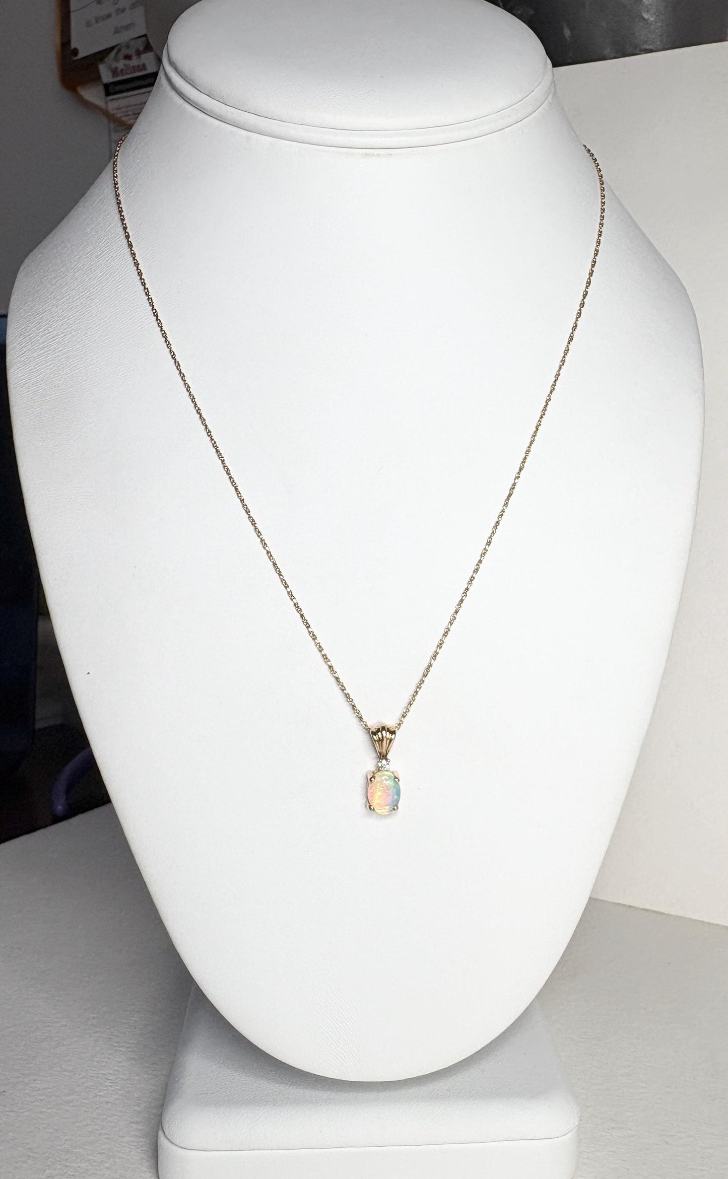 Crystal Opal and Diamond Pendant Necklace Solid 14k Gold 18" - NewLifeJewelryVault