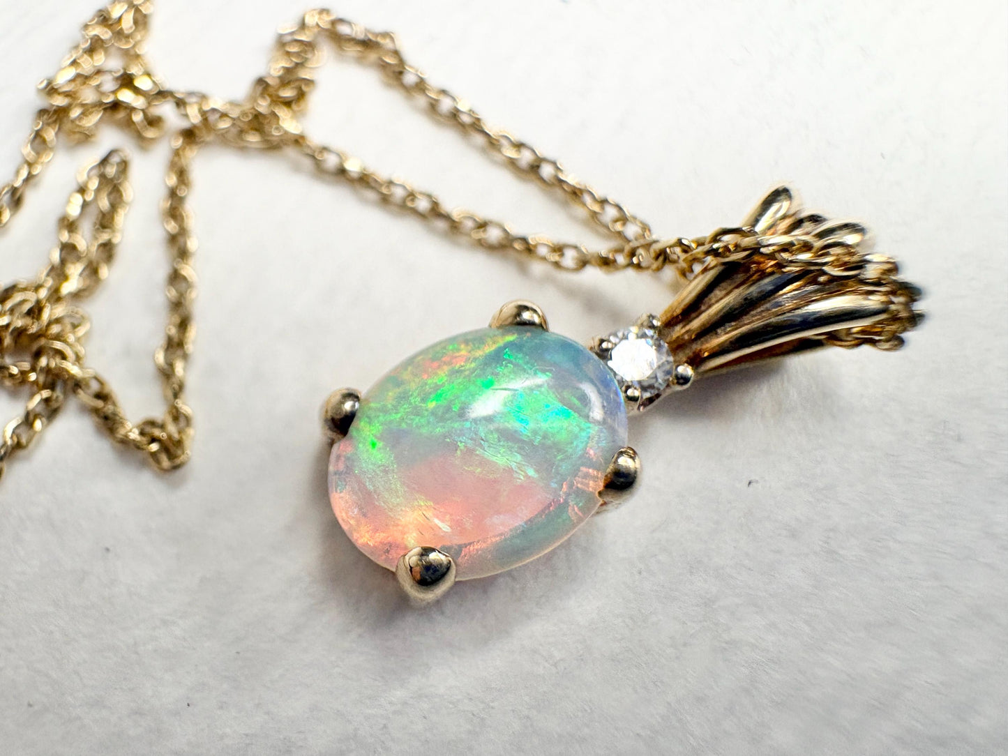 Crystal Opal and Diamond Pendant Necklace Solid 14k Gold 18" - NewLifeJewelryVault