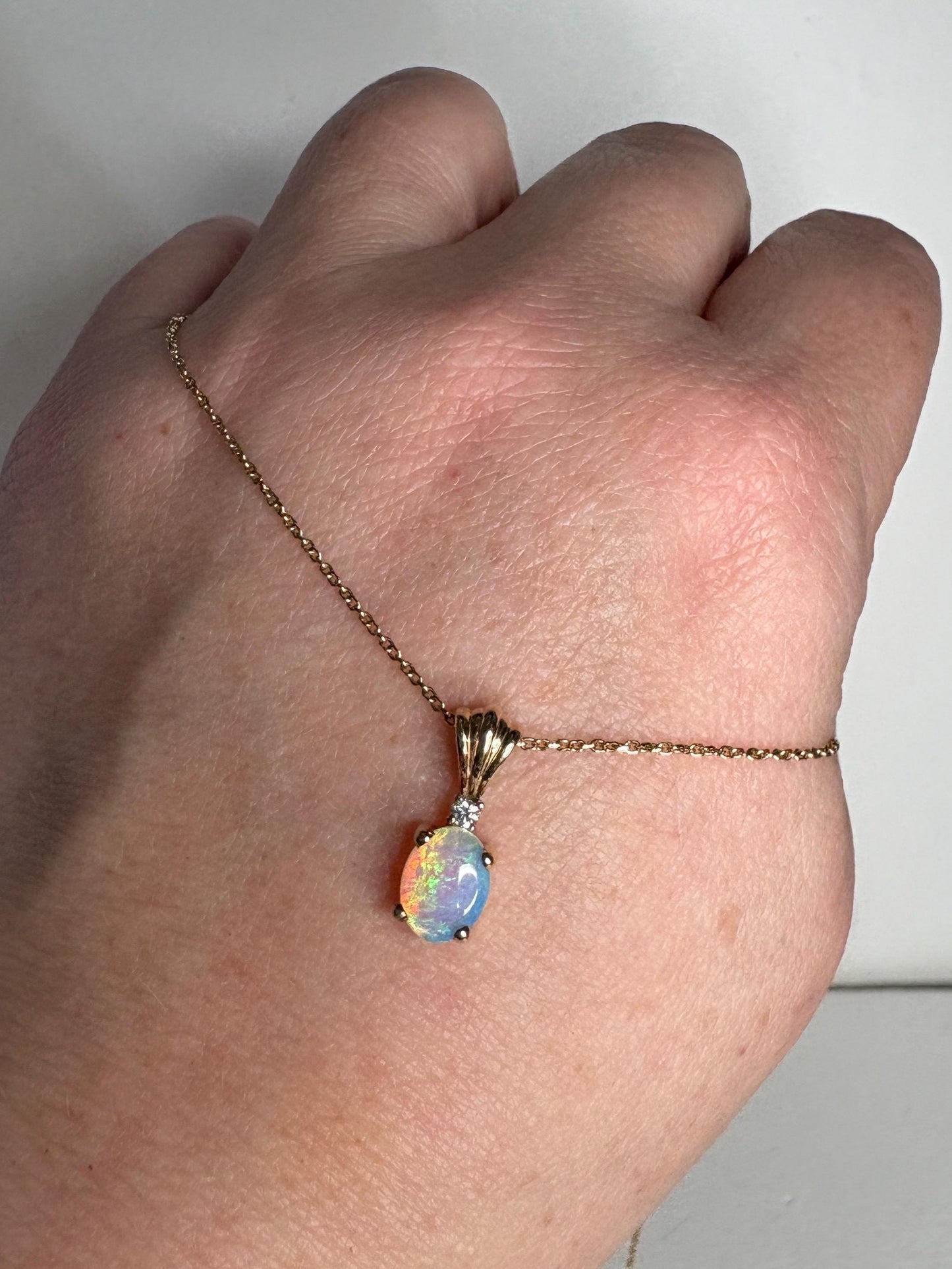 Crystal Opal and Diamond Pendant Necklace Solid 14k Gold 18" - NewLifeJewelryVault