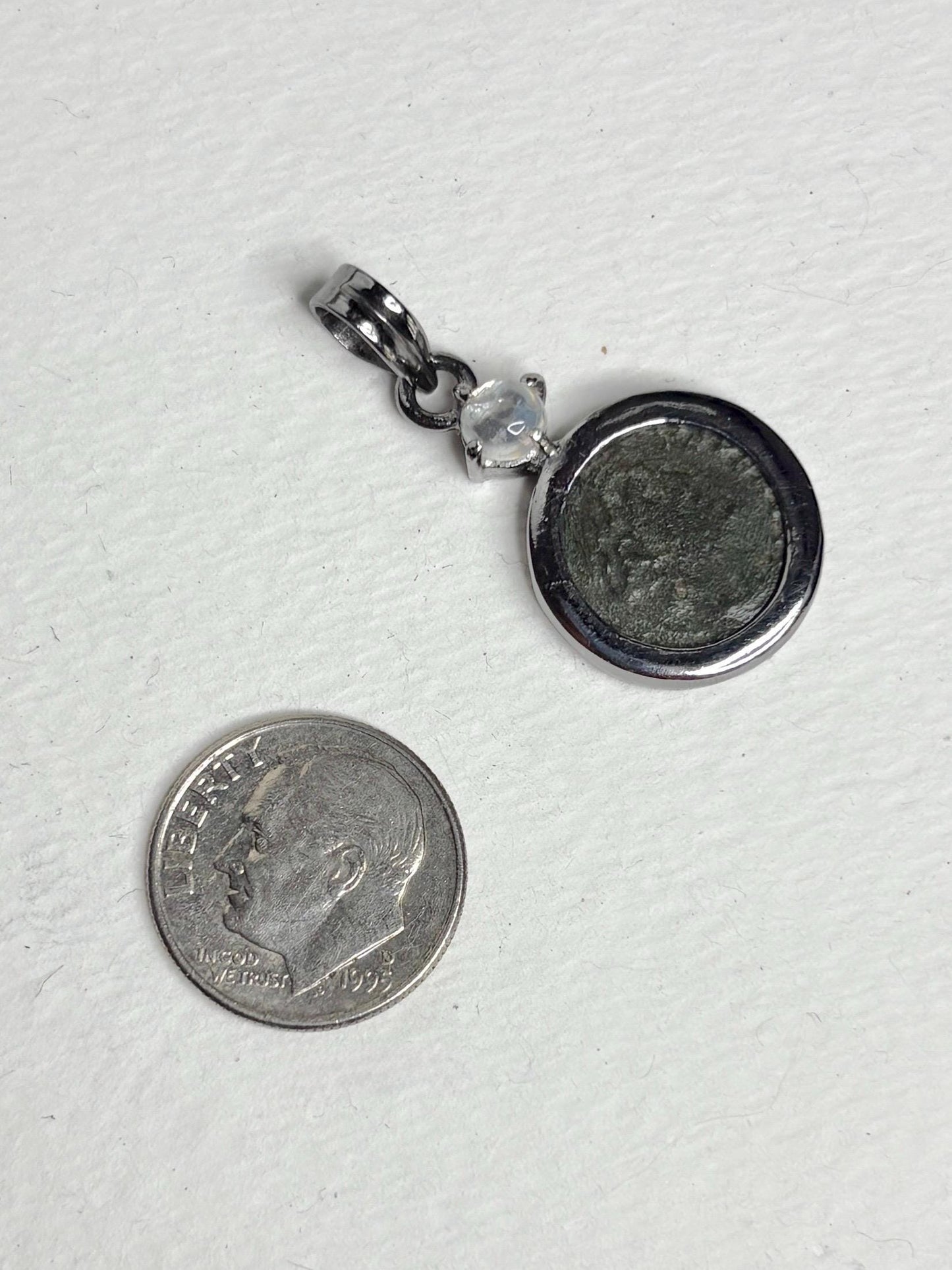 Ancient Roman Bronze Coin Constantius II and Rainbow Moonstone Pendant Necklace in Sterling silver 20" - NewLifeJewelryVault