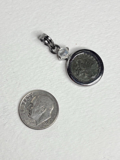 Ancient Roman Bronze Coin Constantius II and Rainbow Moonstone Pendant Necklace in Sterling silver 20" - NewLifeJewelryVault