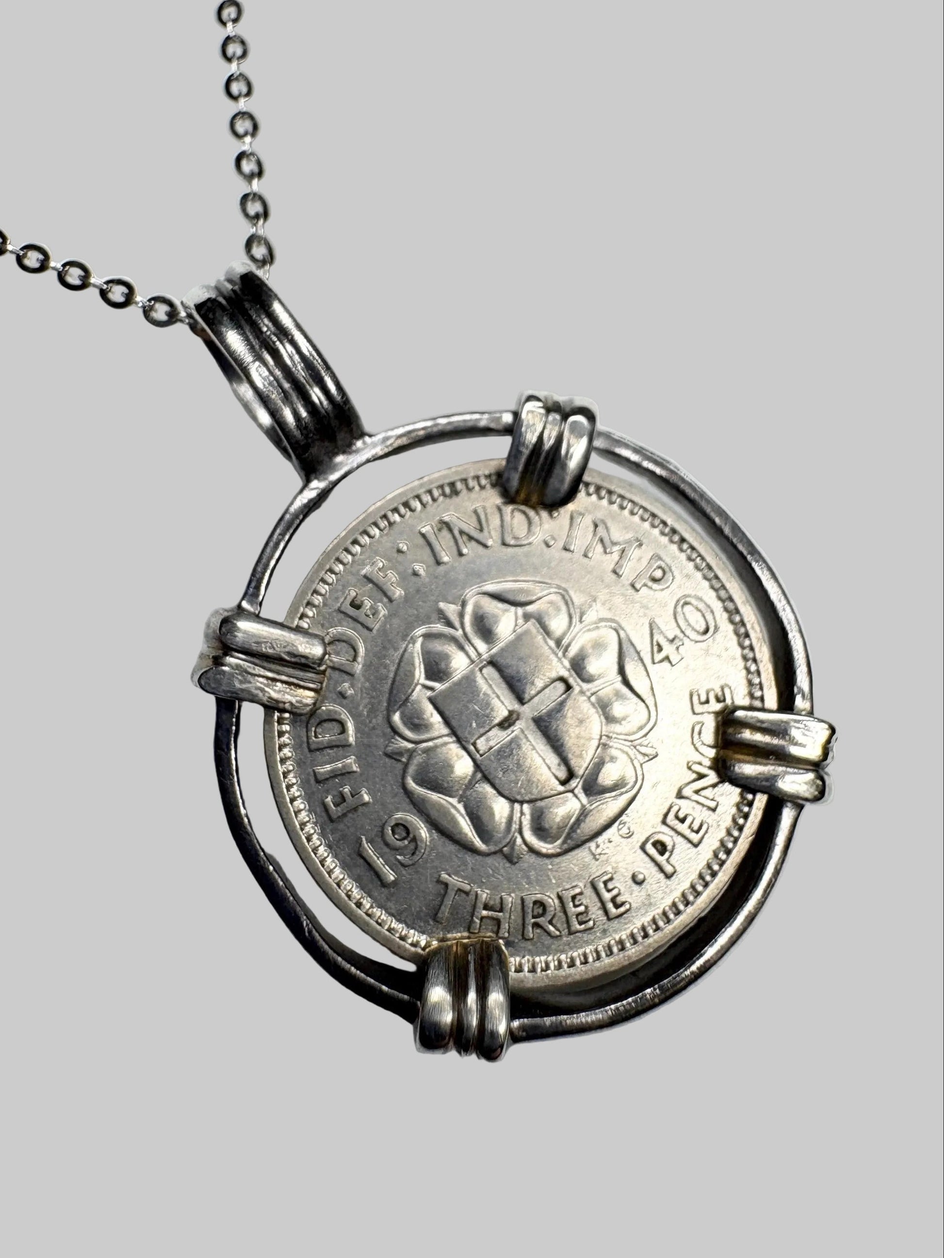 British Three Pence Silver Coin 1940 Pendant Necklace in Sterling Silver 18" - NewLifeJewelryVault