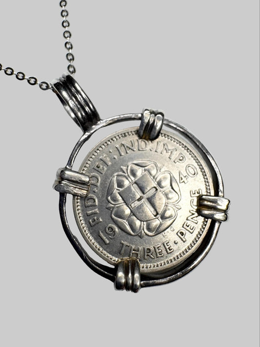 British Three Pence Silver Coin 1940 Pendant Necklace in Sterling Silver 18" - NewLifeJewelryVault