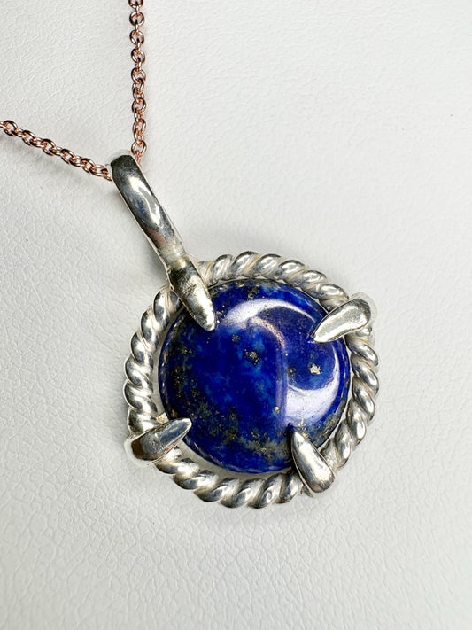 Lapis Lazuli Rope Bezel Pendant Necklace in Sterling Silver with Rose Adjustable Chain 16-18" - NewLifeJewelryVault