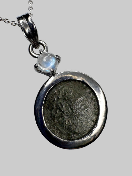 Ancient Roman Bronze Coin Constantius II and Rainbow Moonstone Pendant Necklace in Sterling silver 20" - NewLifeJewelryVault