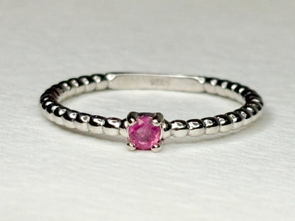 Hot Pink Natural Sapphire Solitaire Beaded Band Ring Sterling Silver size 6 - NewLifeJewelryVault